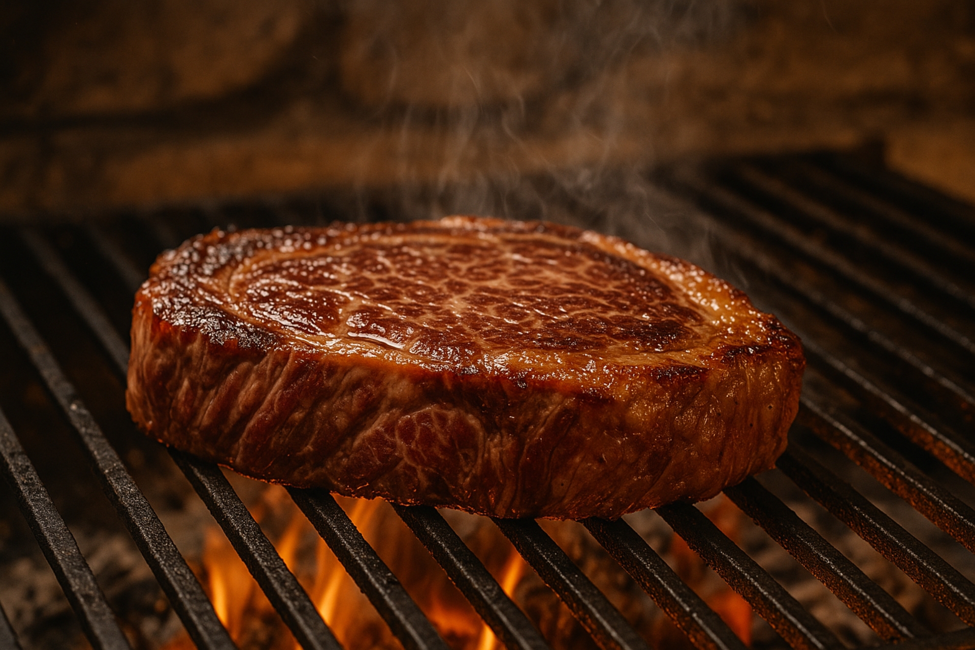 Bife ancho com marmoreio aparente e crosta dourada na brasa