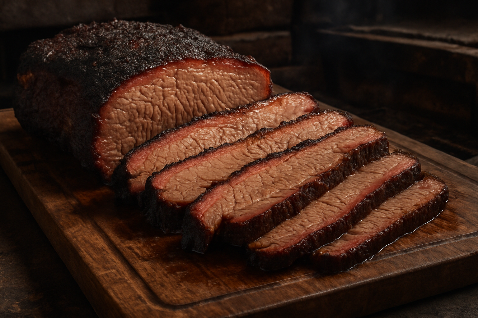 Brisket texano fatiado com anel de fumaça e crosta escura (bark)