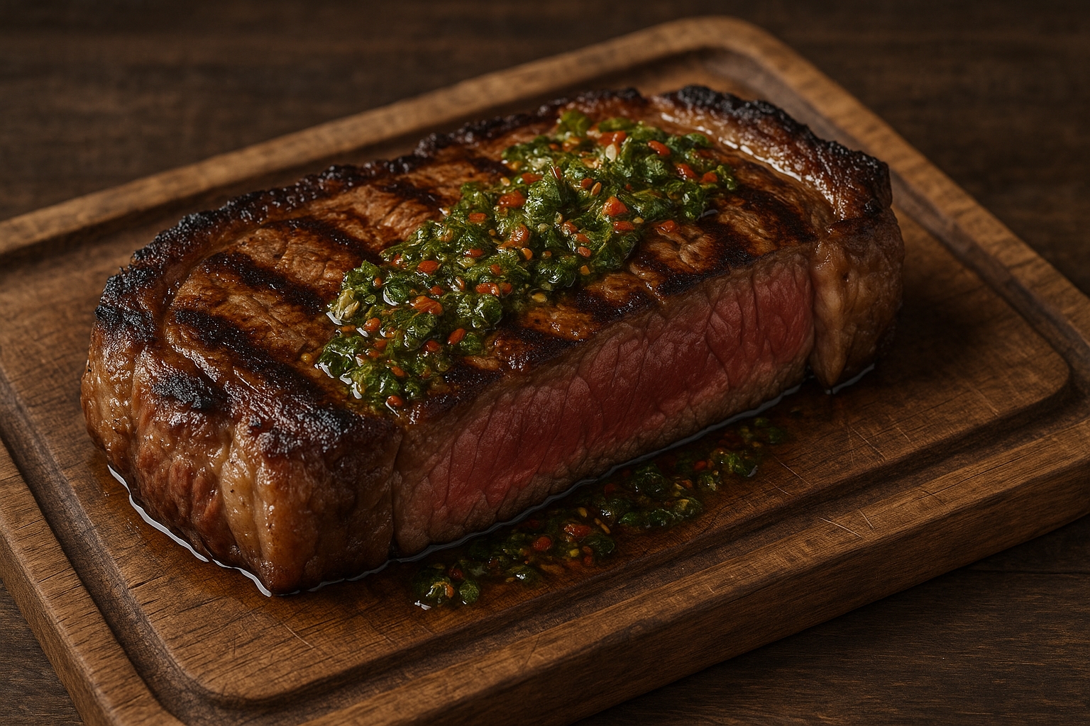 Bife de chorizo argentino mal passado, servido com chimichurri em tábua rústica