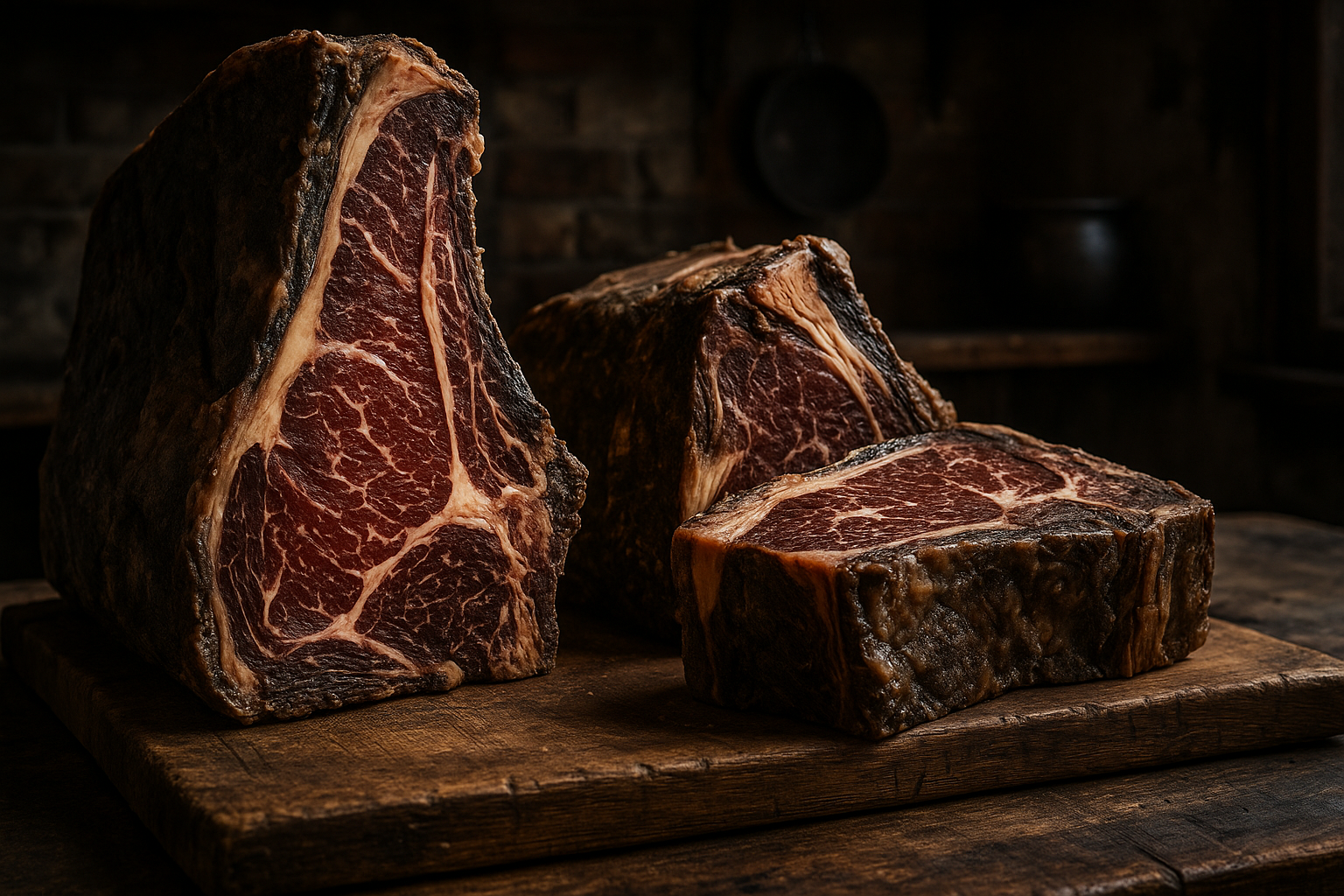 Cortes de carne dry-aged com crosta externa e marmoreio visível