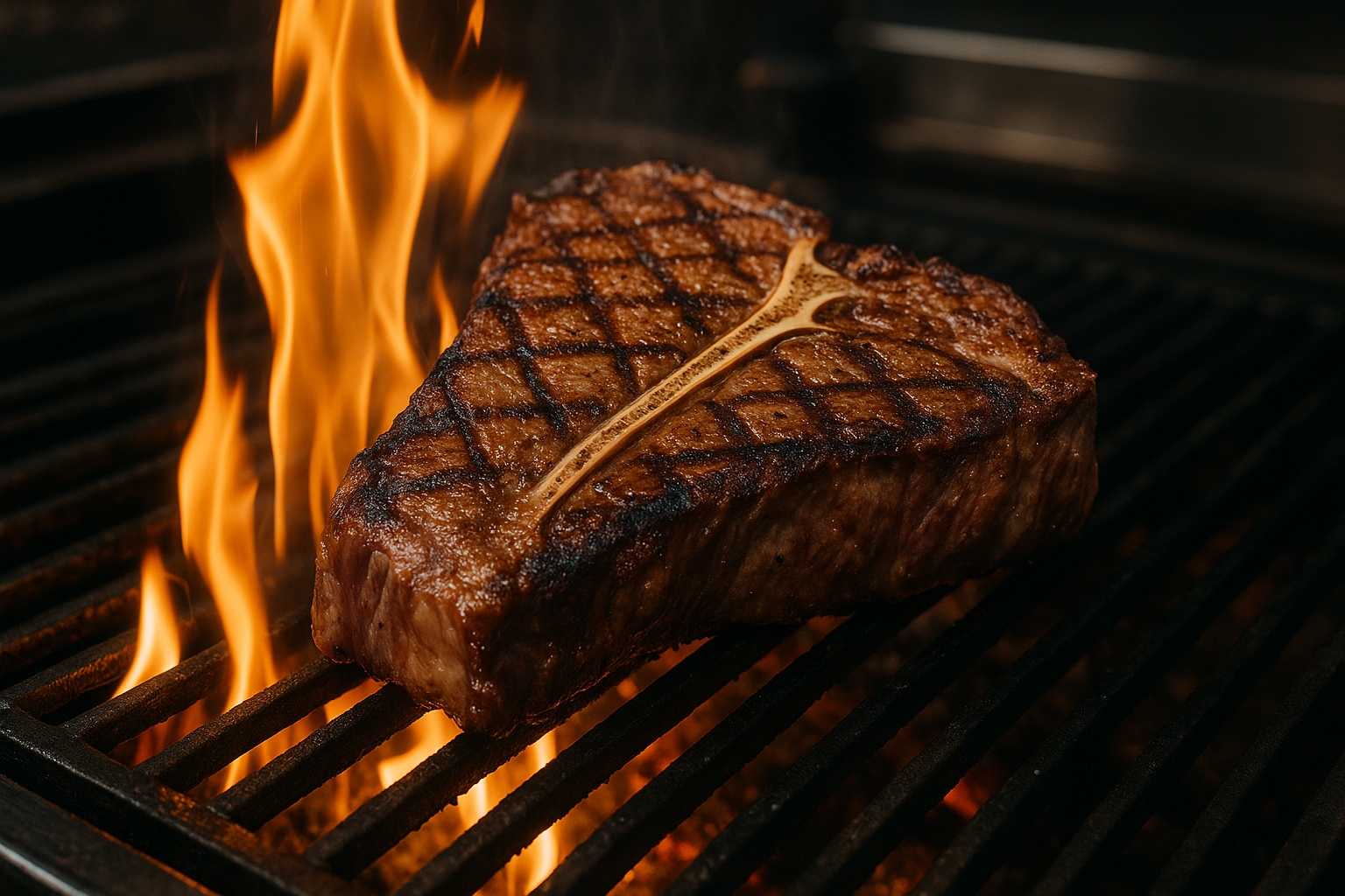 T-bone grelhando com chama alta e osso central exposto